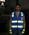 High Visibility Reflective Safety Vest With Reinforced Pockets And Heavy Duty Construction For Men And Women in blue mesh with zippers and gloves.