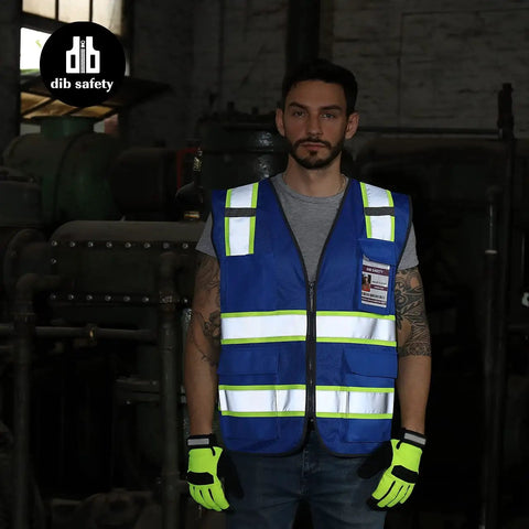 High Visibility Reflective Safety Vest With Reinforced Pockets And Heavy Duty Construction For Men And Women in blue mesh with zippers and gloves.