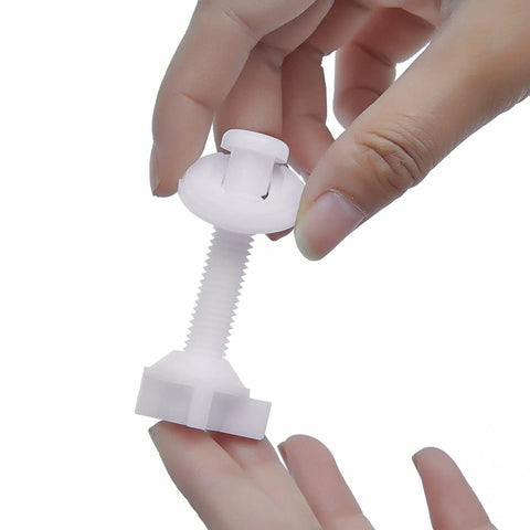 Tough As Nails Universal Plastic Toilet Seat Hinge Screw Bolt Kit, 60mm white plastic bolt held in hand for installation.