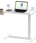 Go To Overbed Table On Wheels With Pneumatic Lift For Easy One Hand Height Adjustment Adjustable Laptop Desk And Rolling Cart For Hospital And Home Use White 27.6W x 15.7D with laptop and coffee