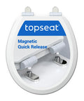 Topseat Pro 2 Durable Wood Toilet Seat, Slow Close, Round, White showing magnetic quick-release mechanism.