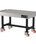 Heavy Duty Mobile Welding Fixture Table 60x36x36 Silver Shop Workbench with laser cut holes and locking casters.