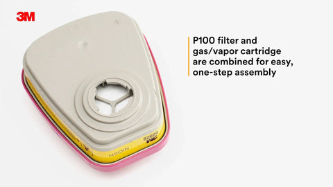 Top view of P100 Respirator Cartridge Filter 60928, NIOSH Approved, highlighting easy assembly feature, single unit
