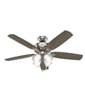 52 Inch Indoor LED Ceiling Fan With Pull Chain Lights, Brushed Nickel Finish, Five Blades, For Bedroom Or Living Room