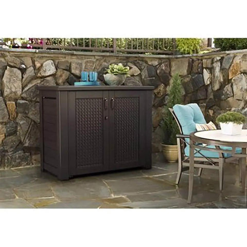 Decorative Outdoor Storage Cabinet 123 Gallon Weather Resistant Brown For Patio Garden Tools Toys Pool Supplies Cushions And More Ideal For Home Backyard Porch on patio
