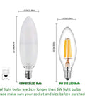 Comparison of Bright 12W LED Candelabra Bulbs 6000K Torpedo Shape with 6W bulb, showing size and length differences