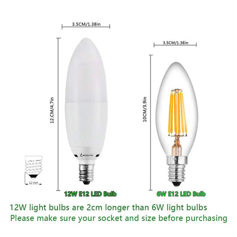 Comparison of Bright 12W LED Candelabra Bulbs 6000K Torpedo Shape with 6W bulb, showing size and length differences