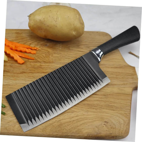Solustre wavy chopper knife with stainless steel blade and black handle on cutting board.