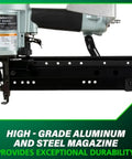 16 Gauge Finish Nailer With 1 Inch To Two And A Half Inch Nails Lightweight 3.7 Lb Pneumatic Nail Gun Bump Fire Or Sequential Fire Modes Aluminum Magazine For Trim And Cabinet Work Pro Grade Finish Nailer showing aluminum magazine and steel durability