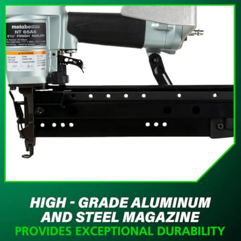 16 Gauge Finish Nailer With 1 Inch To Two And A Half Inch Nails Lightweight 3.7 Lb Pneumatic Nail Gun Bump Fire Or Sequential Fire Modes Aluminum Magazine For Trim And Cabinet Work Pro Grade Finish Nailer showing aluminum magazine and steel durability