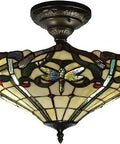 Cabrini Amber Art Glass Dragonfly Flush Mount Light Fixture In Antique Bronze Finish, Tiffany Style Blue And Green Ribbon