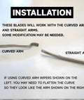 Installation guide for 12 Inch Straight Shooter Stainless Steel Bayonet Wiper Blades showing curved and straight arms.