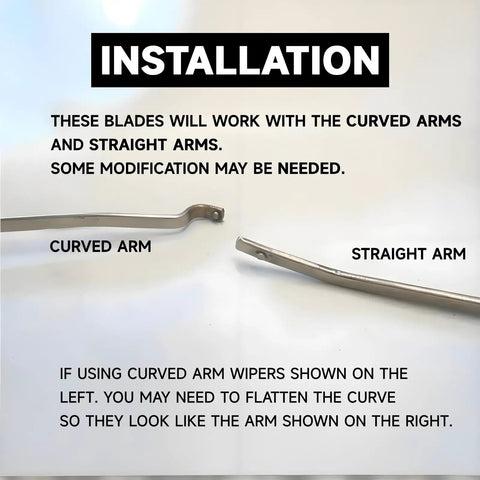 Installation guide for 12 Inch Straight Shooter Stainless Steel Bayonet Wiper Blades showing curved and straight arms.