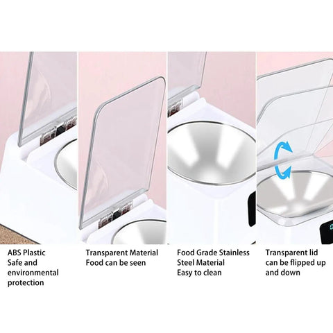 Slick Smart Automatic Pet Feeder With Induction Auto Opening Lid For Dogs And Cats High Grade Food Bowl No Sweat Cleaning Premium Robust Feeding Station showing stainless steel bowl and transparent lid.