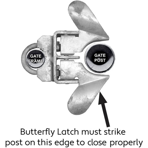 Close-up of Butterfly Chain Link Fence Gate Latch for one and three eighths inch gate frame and two and three eighths inch gate post.