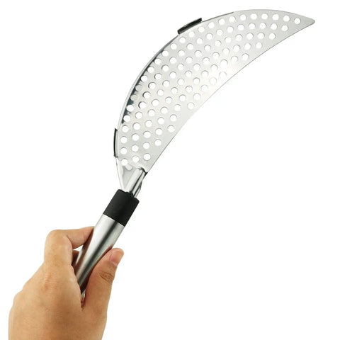 Handheld view of Stainless Steel Crescent Pot Strainer Handheld Pasta Drainer For Spaghetti And Macaroni Fits Most Pots And Pans