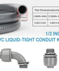 Half Inch 10 Foot Flexible PVC Electrical Conduit Kit AC Whip Kit with fittings and dimensions chart