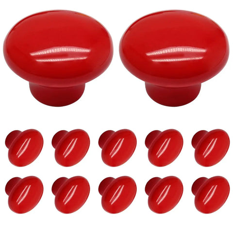 Totally Rad Red Ceramic Cabinet Knobs, 32mm round pull handles, 10 pack set, glossy red finish for kitchen drawers.