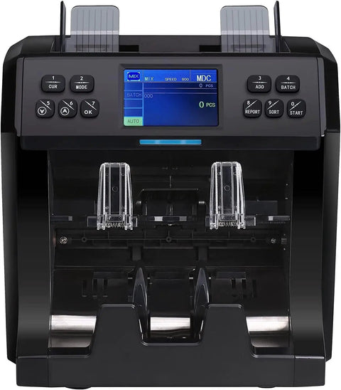 Smooth Operator Money Counter And Heavy Duty Bill Sorter Built To Tally Your Cash Stacks Real Quick While Blocking Fakes Through Smart Optical Tech For Multi Currency Jobs And Direct Printer Hookup with digital display and sorting slots.