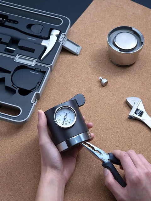 Cordless Brushless Drill Tool Set With Variable Speed And LED Digital Display Hidden Buckle Case Portable Power Tool Kit For DIY Home Improvement High End Practical And Slick For Daily Use displayed on cork surface
