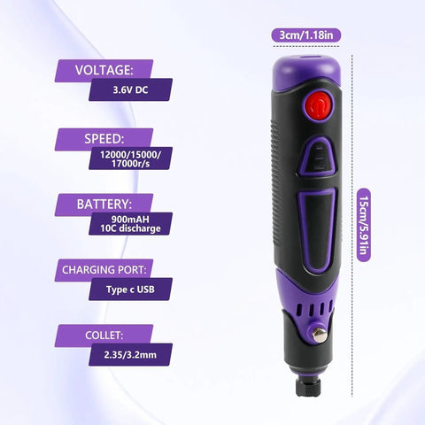 Tough As Nails Multi Speed Mini Electric Angle Grinder With 82 Piece Bit Set, 15cm long, features adjustable speed and USB charging.