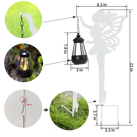 2 Pack Metal Fairy Hanging Lantern Solar Outdoor Garden Stakes With Silhouette Lights dimensions and setup illustration