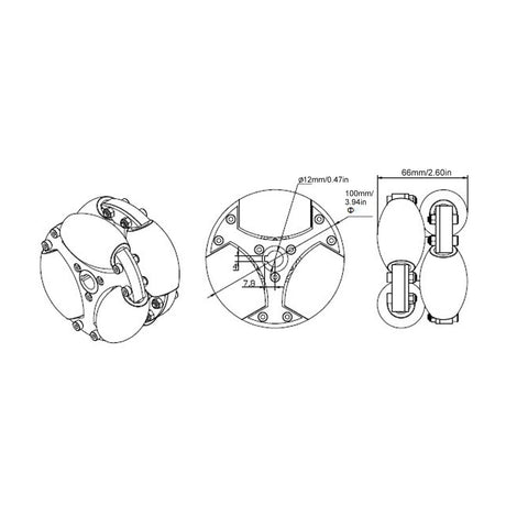 Technical drawing of heavy duty omni wheel 360 rotation, 100mm double row aluminum design, 80kg load capacity.