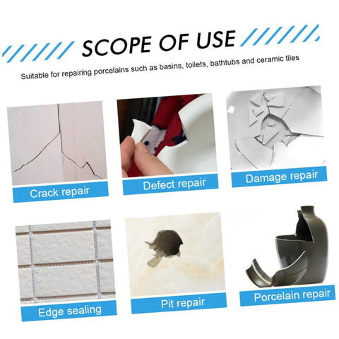 Image showing various uses of the Two Piece Ceramic Tile Repair Kit With Quick Dry Grout Fix For Bathroom And Kitchen Heavy Duty Adhesion.