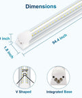 10 Pack LED Shop Light 8 Foot T8 72W 7200 Lumens Daylight White 6500K V Shape High Output With Clear Cover Integrated 8 LED Linkable Dimensions