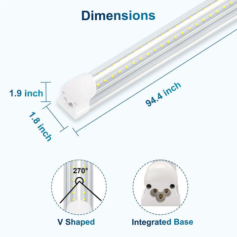 10 Pack LED Shop Light 8 Foot T8 72W 7200 Lumens Daylight White 6500K V Shape High Output With Clear Cover Integrated 8 LED Linkable Dimensions