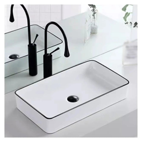 USZWBY Vessel Sinks Small Apartment Bathroom Balcony Ceramic Wash Basin Above The Nordic Simple Black Edge Household Bathroom Bowl Sink with modern faucet