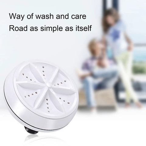 Compact Portable Mini Washing Machine With Turbine Tech For Clothes And Dishes Featuring Remote Control And Four Speeds viewed from side angle.