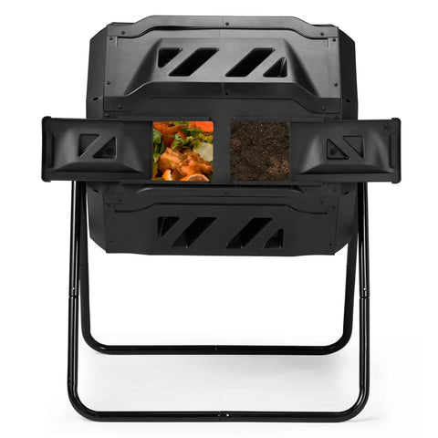 42 Gallon Outdoor Dual Chamber Compost Tumbler With Sliding Doors No Sweat Heavy Duty Rotating Batch Composter For Garden Backyard Lawn Kitchen Weatherproof Dual Bin System In Black, front view