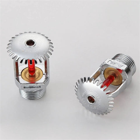 Badass Fire Sprinkler Head Set 3/4 Inch Dn20 Upright With Brass Chrome Finish And Red 68c 155f Bulb In A 5 Pack, showing two sprinkler heads.