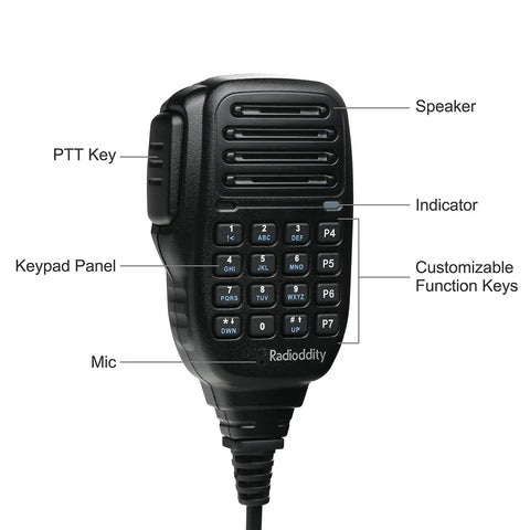 Microphone of DB-25D Pro Dual Band DMR Mobile Radio with speaker, keypad, and function keys labeled, for ham enthusiasts on the go.