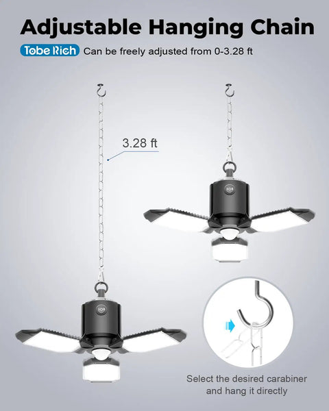 Motion Sensor Garage Light Plug In 8000 Lumen Shop Light With Three Modes And Three Flexible LED Panels 6500K hanging installation