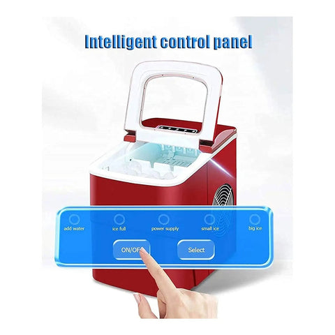 Portable Countertop Ice Maker Machine That Makes Fresh Cubes Real Quick Without Any Hassle Featuring Self Cleaning System And Spacious Bin control panel with buttons and ice compartment.