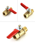 Front view of brass 1/4-inch NPT ball valve with red lever for air compressor shutoff