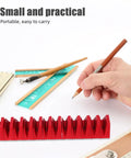 Red 12 Piece Modular Wrench Storage Rack Magnetic Tool Holder Organizer Tray for toolbox and garage, shown with pencils and rulers.