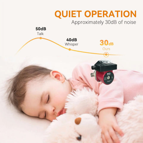 Hot Water Recirculating Pump With Automatic Timer And Stainless Steel Housing For Tank Heaters near sleeping baby, demonstrating quiet operation.