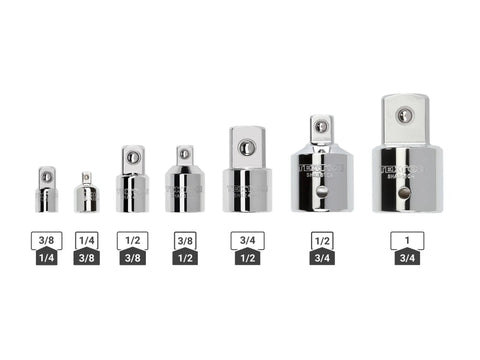 7-Piece Drive Adapter And Reducer Set For 1/4 To 1 Inch Sockets With Four Adapters And Three Reducers shown in various sizes