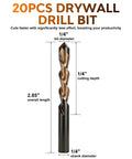 Rugged M2 Steel Drywall Router Bits Twenty Piece Set One Quarter Inch Shank Spiral Saw Ready showing 1/4" shank drill bit, 2.85" length.