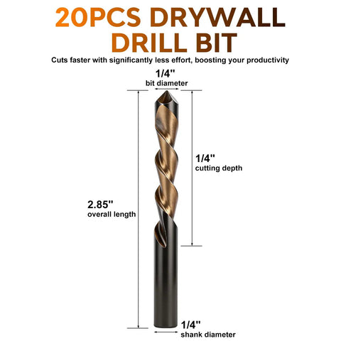 Rugged M2 Steel Drywall Router Bits Twenty Piece Set One Quarter Inch Shank Spiral Saw Ready showing 1/4" shank drill bit, 2.85" length.