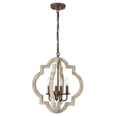 Farmhouse White Wood Pendant Chandelier For Dining Room With Open Cage Frame Rustic French Country Lighting Distressed Wood And Metal Finish