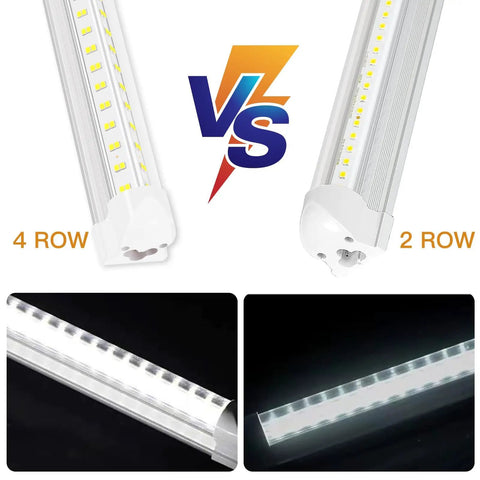 Comparison of 4 row vs 2 row LED tube design with close-up views, part of Led Shop Lights 4Ft 50W 6500K 7000LM product line.