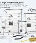 14 Piece Glass Beaker Set With 6 Graduated Beakers 10Ml 50Ml 100Ml 250Ml 500Ml 1000Ml Plus 11 Inch Beaker Tongs 3 Glass Stirring Rods 3 Magnetic Stir Bars And 1000Ml Beaker Brush For Home Lab Gear And Classroom Use displayed with accessories
