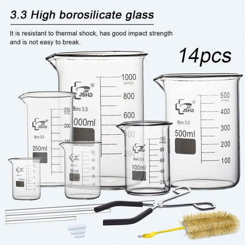 14 Piece Glass Beaker Set With 6 Graduated Beakers 10Ml 50Ml 100Ml 250Ml 500Ml 1000Ml Plus 11 Inch Beaker Tongs 3 Glass Stirring Rods 3 Magnetic Stir Bars And 1000Ml Beaker Brush For Home Lab Gear And Classroom Use displayed with accessories