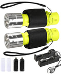 Rechargeable Underwater Dive Light With 3 Modes Beastly Bright High Lumens LED Torch For Scuba Snorkeling And Night Dives IPX8 Waterproof Shockproof Durable Flashlight 2 Pack, including chargers and batteries.