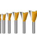 Hella Durable Six Piece Dovetail Router Bit Set Quarter Inch Shank, yellow carbide heads, ideal for shaping wooden boxes and cabinetry.