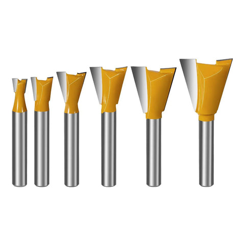 Hella Durable Six Piece Dovetail Router Bit Set Quarter Inch Shank, yellow carbide heads, ideal for shaping wooden boxes and cabinetry.